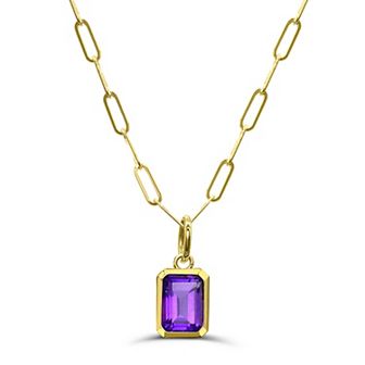 Luna Mia 10k Gold Emerald Cut Gemstone Bezel Set Paperclip Link Chain Pendant Necklace
