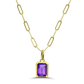 Luna Mia 10k Gold Emerald Cut Gemstone Bezel Set Paperclip Link Chain Pendant Necklace