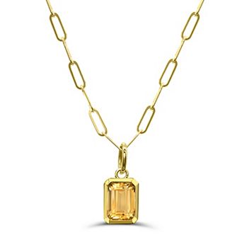 Luna Mia 10k Gold Emerald Cut Gemstone Bezel Set Paperclip Link Chain Pendant Necklace
