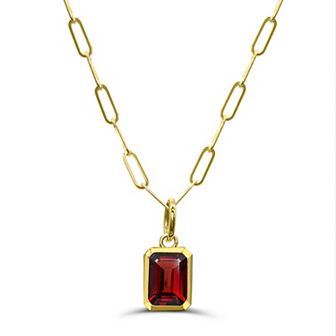 Luna Mia 10k Gold Emerald Cut Gemstone Bezel Set Paperclip Link Chain Pendant Necklace