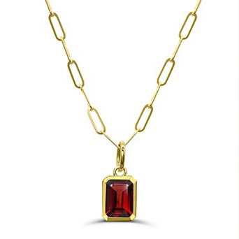 Luna Mia 10k Gold Emerald Cut Gemstone Bezel Set Paperclip Link Chain Pendant Necklace