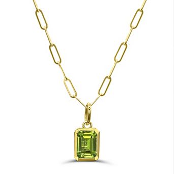 Luna Mia 10k Gold Emerald Cut Gemstone Bezel Set Paperclip Link Chain Pendant Necklace