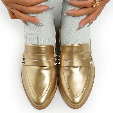 Rag & Co Noshiya Women's Patent Pleather Penny Loafers with Stud Detail