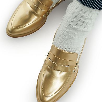 Rag & Co Noshiya Women's Patent Pleather Penny Loafers with Stud Detail