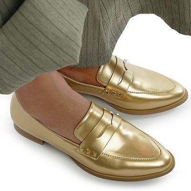 Rag & Co Noshiya Women's Patent Pleather Penny Loafers with Stud Detail