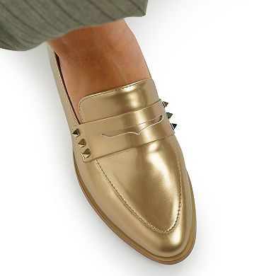 Rag & Co Noshiya Women's Patent Pleather Penny Loafers with Stud Detail