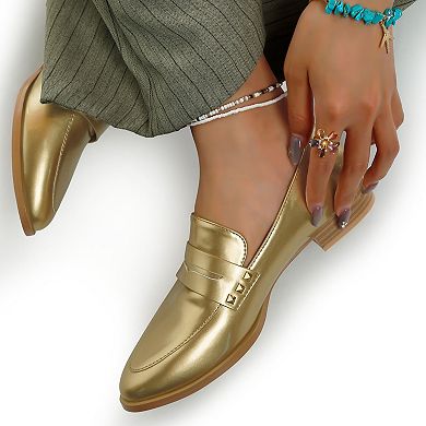 Rag & Co Noshiya Women's Patent Pleather Penny Loafers with Stud Detail