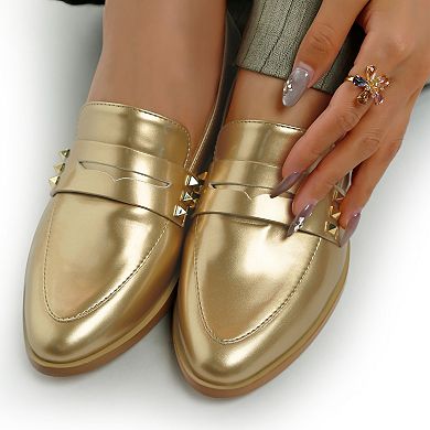 Rag & Co Noshiya Women's Patent Pleather Penny Loafers with Stud Detail