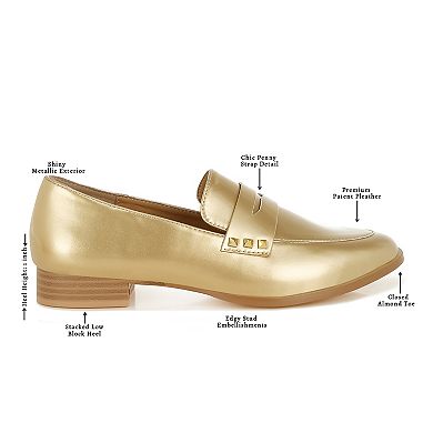 Rag & Co Noshiya Women's Patent Pleather Penny Loafers with Stud Detail