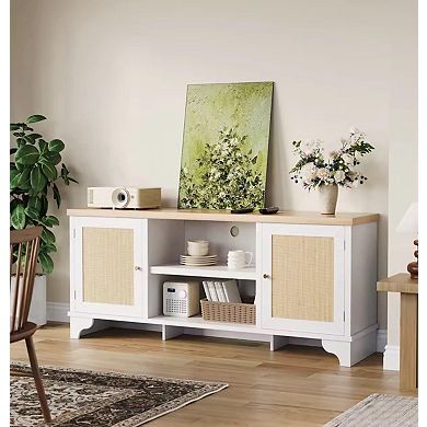 70 Inch Rattan TV Stand Modern Entertainment Center with Storage, White