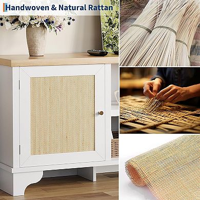 70 Inch Rattan TV Stand Modern Entertainment Center with Storage, White