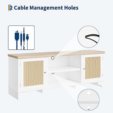 70 Inch Rattan TV Stand Modern Entertainment Center with Storage, White