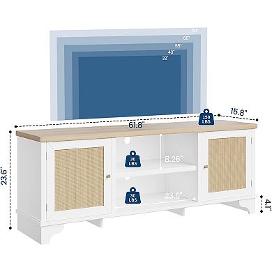 70 Inch Rattan TV Stand Modern Entertainment Center with Storage, White