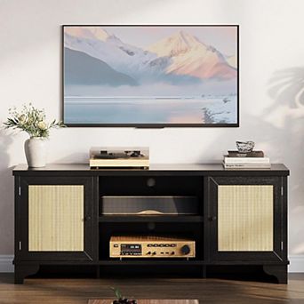 70 Inch Rattan TV Stand Modern Entertainment Center with Storage, White