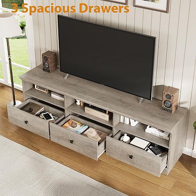 70 Inch Mid-Century Modern TV Stand with Storage Drawer, Open Shelves, Grey