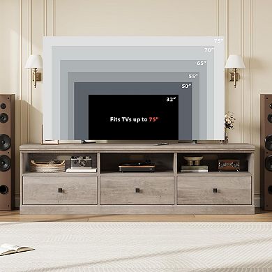 70 Inch Mid-Century Modern TV Stand with Storage Drawer, Open Shelves, Grey