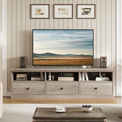 70 Inch Mid-Century Modern TV Stand with Storage Drawer, Open Shelves, Grey