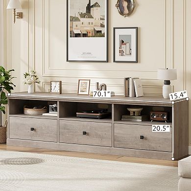 70 Inch Mid-Century Modern TV Stand with Storage Drawer, Open Shelves, Grey