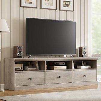 70 Inch Mid-Century Modern TV Stand with Storage Drawer, Open Shelves, Grey
