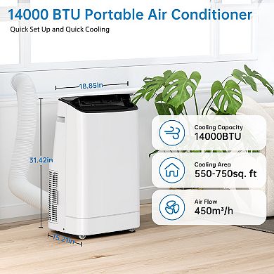 14000 BTU Portable AC, Cools 750 sq ft, Cool/Dry/Fresh Modes, Quiet, Remote Control