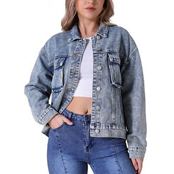 Women's Oversized Denim Jacket Button Down Pockets Jean Jacket