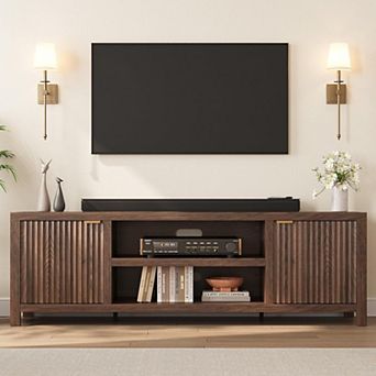 80 Inch Fluted Modern TV Stand with Storage, Wooden Console & Gold Handle, Natural Oak