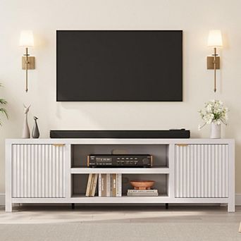 80 Inch Fluted Modern TV Stand with Storage, Wooden Console & Gold Handle, Natural Oak