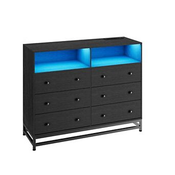 6-Drawer White Wood Dresser with LED Light & Charging Station, Modern TV Stand 47" Wide, Black