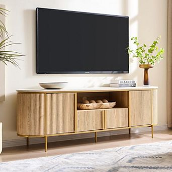 70 Inch Luxury Fluted TV Stand with Faux Marble Top & Curved Design, Natural Oak