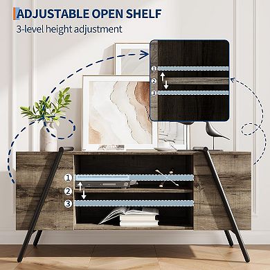 Modern Mid Century TV Stand with Adjustable Shelves & U-Shaped Metal Legs, Gray