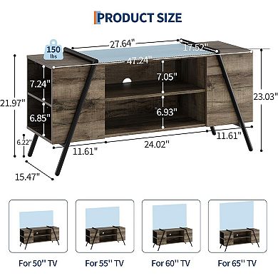 Modern Mid Century TV Stand with Adjustable Shelves & U-Shaped Metal Legs, Gray