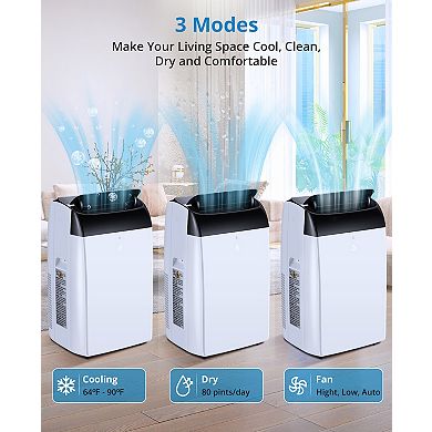 12000 BTU Portable 3-in-1 AC, Energy Efficient, Remote, Sleep Mode, Timer & Window Kit, Black