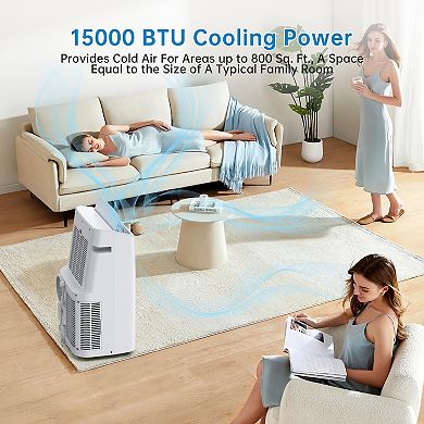 15000 BTU Portable 3-in-1 AC with Dehumidifier, Fan, Sleep Mode, Remote, LED Panel, Cools 850 sq ft