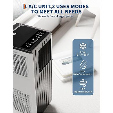 8000 BTU Vertical Portable 3-in-1 AC, Auto Oscillation, 3 Speeds, Timer, Smart Sleep Mode
