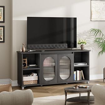70 Inch Retro TV Stand with Corrugated Glass Doors, 4 Shelves and 2 Cabinets, Black