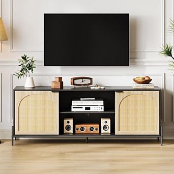 TV Stand for 75 Inch TV, 65 Inch Console with 2 Doors, Rattan Media Cabinet, Wood