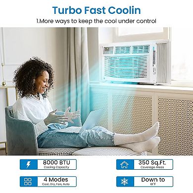 8000 BTU Smart Window AC with Remote, Dehumidifier, Energy Efficient, Quiet, Covers 350 sq ft