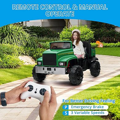 24V Kids Ride-On Car with Remote Control, Electric UTV, Dump Bed, 4WD, 2-Seater, Green