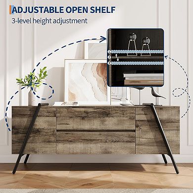 55 Inch Modern Farmhouse TV Stand with 2 Drawers, Adjustable Shelves & U-Shaped Metal Legs, Gray