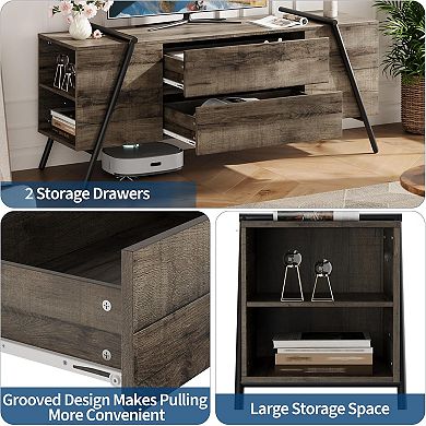 55 Inch Modern Farmhouse TV Stand with 2 Drawers, Adjustable Shelves & U-Shaped Metal Legs, Gray