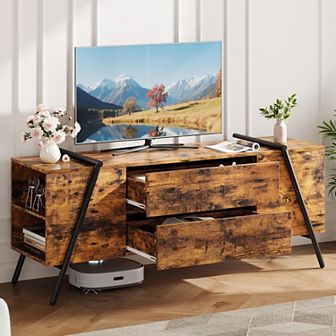 55 Inch Modern Farmhouse TV Stand with 2 Drawers, Adjustable Shelves & U-Shaped Metal Legs, Gray