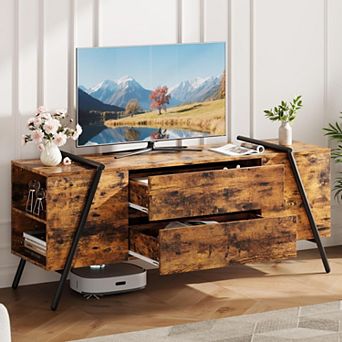 55 Inch Modern Farmhouse TV Stand with 2 Drawers, Adjustable Shelves & U-Shaped Metal Legs, Gray