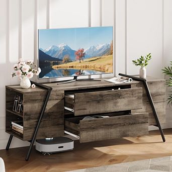 55 Inch Modern Farmhouse TV Stand with 2 Drawers, Adjustable Shelves & U-Shaped Metal Legs, Gray