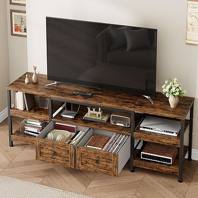 71 Inch Modern Industrial TV Stand with 2 Fabric Drawers, Metal Frame, Rustic Brown