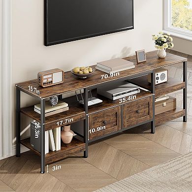 71 Inch Modern Industrial TV Stand with 2 Fabric Drawers, Metal Frame, Rustic Brown