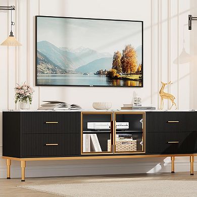 65 Inch LED Light TV Stand with Drawers, Shelves, Glass Doors for 55/65/75 Inch TVs, Black