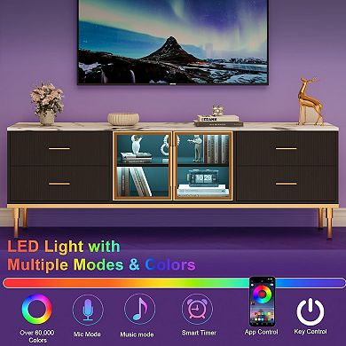 65 Inch LED Light TV Stand with Drawers, Shelves, Glass Doors for 55/65/75 Inch TVs, Black