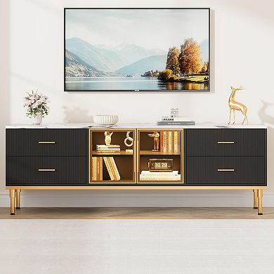 65 Inch LED Light TV Stand with Drawers, Shelves, Glass Doors for 55/65/75 Inch TVs, Black