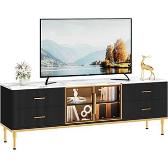 65 Inch LED Light TV Stand with Drawers, Shelves, Glass Doors for 55/65/75 Inch TVs, Black