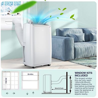 12000 BTU Portable AC, 3-in-1, quiet sleep mode, remote, 3 speeds, 24H timer, cools 550 sq ft.